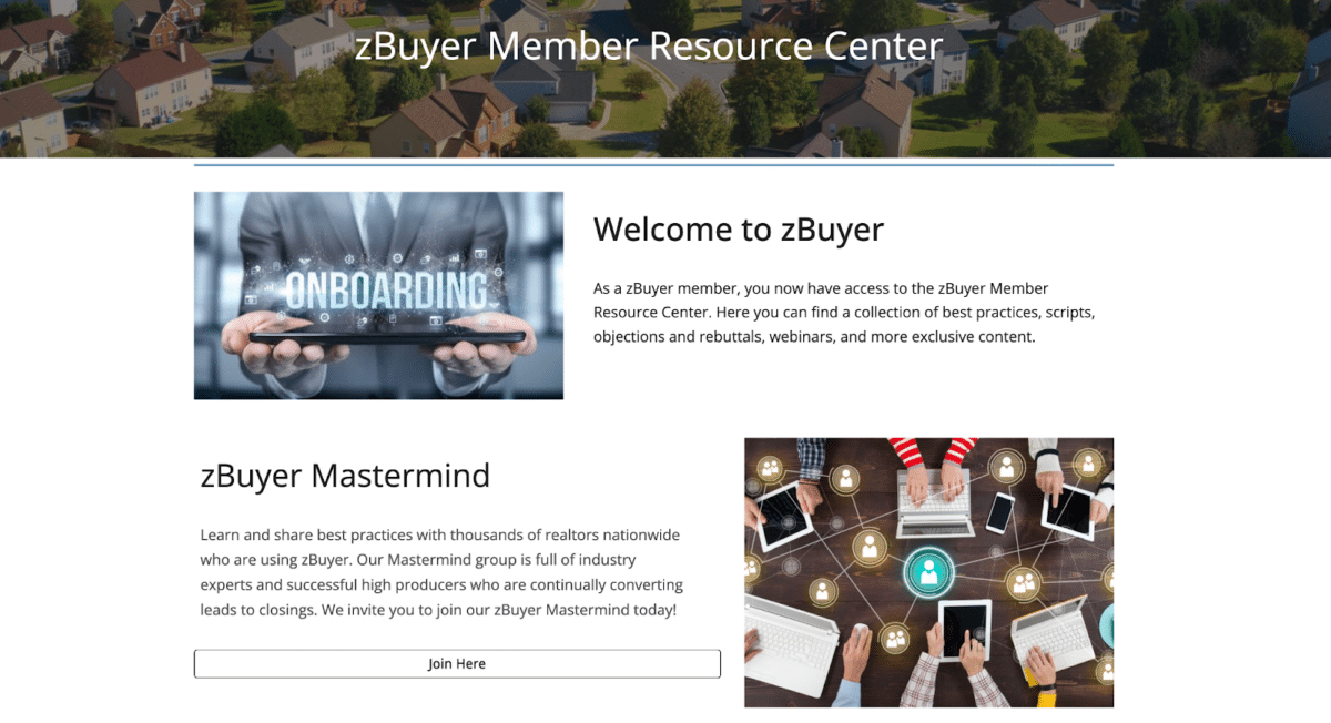 a screenshot from the zBuyer member resource center page showing a welcome message and zBuyer mastermind group access.